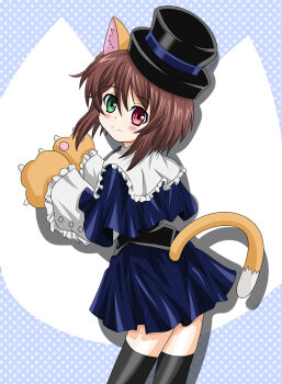 Rule 34 | 1girl, animal ears, black thighhighs, blue skirt, blush, brown hair, cat ears, cat tail, commentary request, frilled sleeves, frills, hat, heterochromia, highres, rozen maiden, short hair, skirt, smile, souseiseki, tail, takumi (rozen garten), thighhighs, top hat