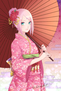 1girl alternate_costume alternate_hairstyle back_bow bow closed_mouth eyelashes facial_mark floral_print floral_print_kimono forehead_mark green_eyes hair_bun haruno_sakura holding holding_umbrella japanese_clothes kimono looking_at_viewer mochiii-s naruto_(series) naruto_shippuuden oil-paper_umbrella pink_hair pink_kimono print_kimono short_hair smile solo twitter_username umbrella wide_sleeves