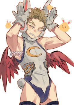 Rule 34 | 1boy, animal ears, armpits, arms up, artist name, blonde hair, boku no hero academia, commentary request, cosplay, crescent print, crossdressing, crossdressing (mtf), fake animal ears, feathers, forked eyebrows, fur collar, gloves, hawks (boku no hero academia), heattech leotard, kadeart, leotard, looking at viewer, male focus, mirko, mirko (cosplay), print leotard, rabbit ears, rabbit tail, red feathers, red wings, short hair, simple background, sleeveless, sleeveless turtleneck, solo, superhero costume, tail, taut leotard, thai commentary, turtleneck, white background, white gloves, white leotard, wings