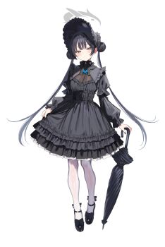 1girl absurdres alternate_costume black_bonnet black_dress black_hair black_shoes black_umbrella blue_archive blush bonnet breasts cleavage closed_mouth closed_umbrella commentary dress full_body grey_eyes grey_halo hair_between_eyes halo hidis0086 highres kisaki_(blue_archive) lolita_fashion long_hair long_sleeves looking_at_viewer medium_breasts pantyhose planted planted_umbrella shoes simple_background solo standing symbol-only_commentary twintails umbrella very_long_hair white_background white_pantyhose