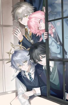 1girl 3boys alternate_costume black_hair blue_hair caelus_(honkai:_star_rail) dan_heng_(honkai:_star_rail) feathered_wings grey_hair halo halo_behind_head hashtag-only_commentary head_wings highres honkai:_star_rail honkai_(series) looking_outside march_7th_(honkai:_star_rail) multiple_boys open_window pink_hair school_uniform spiked_halo sunday_(brilliant_youth)_(honkai:_star_rail) sunday_(honkai:_star_rail) through_window trailblazer_(honkai:_star_rail) upper_body white_wings window wings yigenzhen26389