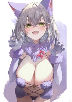1girl absurdres alternate_costume animal_ears blush braid breast_focus breasts claws cleavage commentary_request cosplay fate/grand_order fate_(series) green_eyes grey_hair hair_between_eyes highres hololive large_breasts looking_at_viewer mash_kyrielight mash_kyrielight_(cosplay) mash_kyrielight_(dangerous_beast) mash_kyrielight_(dangerous_beast)_(cosplay) navel open_mouth revealing_clothes rum_raisin_(chihiromakita19) shirogane_noel short_hair smile solo tail virtual_youtuber
