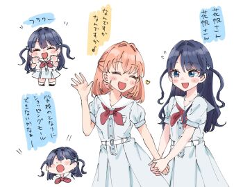 2girls :d :o ^_^ alternate_hairstyle black_dress blue_eyes blue_hair blush blush_stickers breast_pocket catchphrase closed_eyes collarbone commentary dress hair_intakes hair_ornament hairstyle_switch half_updo hasu_no_sora_school_uniform highres hinoshita_kaho holding_hands imitating link!_like!_love_live! long_hair love_live! medium_dress moso_(expect66) multiple_girls multiple_views murano_sayaka neckerchief open_mouth pleated_dress pocket puffy_short_sleeves puffy_sleeves rabbit_hair_ornament red_neckerchief role_reversal sailor_collar sailor_dress school_uniform short_sleeves smile summer_uniform translation_request two_side_up virtual_youtuber white_sailor_collar |_|