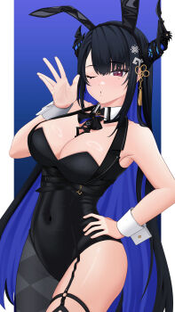 1girl ;o absurdly_long_hair absurdres animal_ear_hairband animal_ears asymmetrical_horns black_hair black_leotard blue_background blue_hair breasts cleavage covered_navel demon_horns detached_collar fake_animal_ears hair_ornament hairband hand_on_own_hip hand_up highres hololive hololive_english horns large_breasts leotard long_hair mole mole_under_eye multicolored_hair nerissa_ravencroft one_eye_closed playboy_bunny rabbit_ear_hairband rabbit_ears red_eyes ruva solo tassel tassel_hair_ornament two-tone_hair uneven_horns very_long_hair virtual_youtuber wrist_cuffs