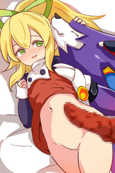 1boy 1girl animal_penis bed blonde_hair censored clothes_lift commission dog_penis dress dress_lift eternal_puwawa green_eyes highres knotted_penis loli mega_man_(series) mosaic_censoring no_panties penis penis_on_stomach petting pussy robot roll_(mega_man) skeb_commission tagme treble_(mega_man) wolf