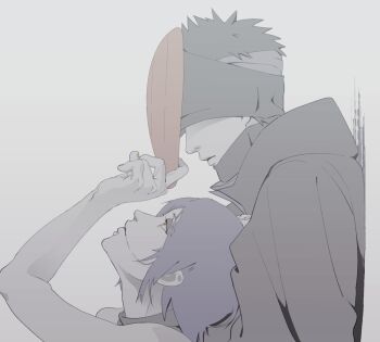 1boy 1girl against_wall akatsuki_(naruto) akatsuki_uniform arm_up bandaged_head bandages bare_shoulders coat eyeshadow face_piercing flower hair_bun hair_flower hair_ornament height_difference high_collar konan_(naruto) labret_piercing lips long_sleeves looking_at_another looking_up makeup mask nail_polish naruto_(series) naruto_shippuuden obobkkp orange_eyes orange_mask orange_nails parted_lips piercing profile purple_hair short_hair sleeveless spiked_hair spot_color uchiha_obito upper_body