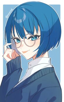 Rule 34 | 1girl, :p, absurdres, adjusting eyewear, bespectacled, blue background, blue eyes, blue hair, blue sweater, bob cut, border, closed mouth, commentary, from side, glasses, hand up, hatori naco, highres, kiritani haruka, light blush, long sleeves, looking at viewer, outline, project sekai, round eyewear, shirt, short hair, simple background, sleeves past wrists, smile, solo, sweater, symbol-only commentary, tongue, tongue out, tsurime, turning head, twitter username, upper body, white border, white outline, white shirt