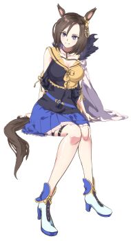 Rule 34 | 1girl, air groove (empress road) (umamusume), air groove (umamusume), animal ears, blue eyes, blue skirt, blush, boots, bow, breasts, brown hair, cape, cleavage, closed mouth, collarbone, commentary request, ear bow, ear chain, hair between eyes, highres, horse ears, horse girl, horse tail, invisible chair, large breasts, linked piercing, looking at viewer, piercing, sailor collar, shinobutti90wer, shirt, short hair, side cape, simple background, sitting, skirt, smile, solo, tail, thigh strap, umamusume, white background, white boots, white cape, yellow bow, yellow sailor collar