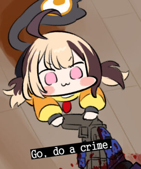 Rule 34 | 1girl, 1other, :3, ahoge, brown hair, gigi murin, gigi murin (1st costume), go do a crime (meme), gun, holding, holding gun, holding weapon, hololive, hololive english, jazz jack, meme, multicolored hair, pink eyes, short hair, smile, tag, tail, two-tone hair, ultrakill, v1 (ultrakill), virtual youtuber, weapon