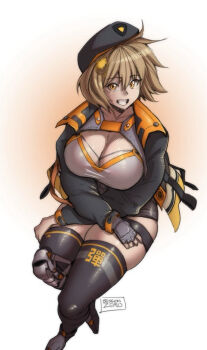 1girl anis_(nikke) beret black_hat black_jacket black_thighhighs breasts brown_eyes brown_hair cleavage commentary english_commentary erogeist eyebrows_hidden_by_hair fingerless_gloves from_above gloves goddess_of_victory:_nikke hair_between_eyes hat jacket large_breasts looking_at_viewer looking_up open_mouth short_hair sitting smile solo teeth thighhighs