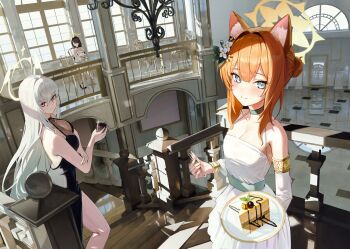 3girls absurdres animal_ear_fluff animal_ears architecture banister bare_shoulders black_dress black_hair blue_archive blue_eyes blush breasts cake chair chandelier cleavage closed_eyes crossed_bangs cup dessert detached_sleeves door doorway dress evening_gown flower food hair_bun hair_flower hair_ornament hair_over_one_eye hallo_(rltkdydrltk) halo halterneck highres hinata_(blue_archive) holding holding_cup holding_own_arm holding_plate holding_spoon indoors lace large_breasts long_hair looking_at_viewer mari_(blue_archive) medium_breasts multiple_girls orange_hair pink_eyes plate sakurako_(blue_archive) see-through_clothes sitting smile spoon stairs stairwell table tile_floor tiles white_dress white_hair white_halo window winged_halo yellow_halo