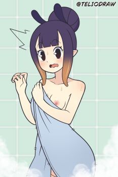 1girl absurdres arm_up blush breasts collarbone hair_bun highres hololive hololive_english looking_at_viewer ninomae_ina&#039;nis nipples open_mouth pointy_ears purple_hair raised_eyebrows surprised sweat tagme teliodraw tentacle_hair tiles towel virtual_youtuber