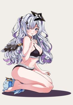 2girls amane_kanata amane_konata angel angel_wings barefoot black_bra black_nails black_panties blush bra breasts chibi cleavage feet grey_hair hair_ornament halo high_heels highres hololive large_breasts long_hair looking_at_viewer multicolored_hair multiple_girls nail_polish open_mouth panties purple_eyes purple_hair shoes smile star_(symbol) star_hair_ornament star_halo sweater thighhighs toes two-tone_hair two_side_up underwear upao_(amane_kanata) virtual_youtuber wings wpotion zettai_ryouiki