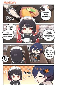 !? +++ 2girls ? absurdres apron avocado_slice belle_(zenless_zone_zero) black_hair black_shirt blue_hair booth_seating bottle cherry_tomato chibi chibi_only closed_eyes colored_inner_hair commentary dot_nose ellen_joe english_commentary english_text fins fish_tail food grey_jacket hair_ornament highres holding holding_bottle hood hood_down hooded_jacket indoors jacket ketchup_bottle long_sleeves maid_apron maid_headdress mole mole_under_eye motion_lines multicolored_hair multicolored_jacket multiple_girls notice_lines omelet omurice ooyun open_mouth orange_jacket outstretched_arm puffy_short_sleeves puffy_sleeves red_eyes red_hair restaurant shark_tail shirt short_hair short_sleeves sideways_mouth sitting sleeveless sleeveless_jacket small_sweatdrop spoken_interrobang tail tomato two-tone_hair two-tone_jacket waitress white_apron zenless_zone_zero