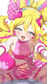 1boy 1girl bare_shoulders beads blonde_hair blue_eyes bow bow-shaped_hair bow_choker breasts choker commentary_request crop_top cure_idol detached_sleeves drill_hair earrings hair_beads hair_between_eyes hair_ornament hair_ribbon hairband head_tilt heart heart-shaped_hair heart_earrings heart_hair_ornament highres idol_heart_brooch_(precure) jewelry kimi_to_idol_precure long_hair looking_at_viewer magical_girl midriff mo_(boo1719501boo) multicolored_hair navel open_mouth pink_bow pink_choker pink_hair pink_ribbon pink_shirt pink_skirt plaid_ribbon precure puffy_detached_sleeves puffy_sleeves reaching reaching_towards_viewer ribbon sakura_uta_(precure) saliva saliva_trail shirt skirt small_breasts solo_focus streaked_hair teeth thigh_strap twin_drills two-tone_hair upper_teeth_only very_long_hair white_hairband white_sleeves