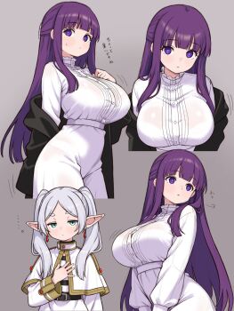 2girls black_robe blunt_bangs bra_visible_through_clothes breasts dress earrings elf fern_(sousou_no_frieren) frieren green_eyes grey_background highres jewelry large_breasts long_hair looking_at_viewer multiple_girls multiple_views nattocurryumeee pointy_ears purple_eyes purple_hair robe simple_background sousou_no_frieren twintails very_long_hair white_dress white_hair