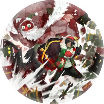 1girl beard bell blood bloody_weapon box brown_hair christmas christmas_ornaments christmas_sweater coat dark-skinned_female dark_skin e.g.o_(project_moon) facial_hair fur_collar game_cg gift gift_box gloves gnome_(project_moon) green_eyes hat holding holding_sack holiday_(e.g.o) limbus_company nai_ga official_art outis_(project_moon) patchwork_clothes patchwork_skin project_moon sack sandolph_(project_moon) santa_hat short_hair solo_focus weapon white_gloves wrench yellow_eyes