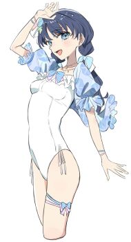 Rule 34 | 1girl, :d, arm up, bead necklace, beads, bien (djpwjd1), blue bow, blue eyes, blue flower, blue hair, blue jacket, blue moment (love live!), blush, bow, breasts, collarbone, commentary, cropped legs, floral print, floral print jacket, flower, frilled jacket, frilled one-piece swimsuit, frills, hair flower, hair ornament, highres, jacket, jewelry, leg ribbon, link! like! love live!, long hair, looking at viewer, love live!, low twintails, medium breasts, murano sayaka, necklace, one-piece swimsuit, open clothes, open jacket, open mouth, pink bow, print jacket, ribbon, short-sleeved jacket, short sleeves, simple background, smile, solo, swimsuit, thigh bow, thigh ribbon, twintails, virtual youtuber, white background, white one-piece swimsuit