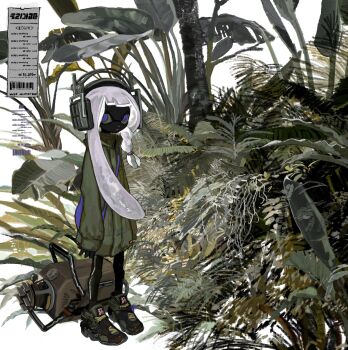 1girl asymmetrical_hair bag black_leggings black_shoes black_skin blunt_bangs braid coat colored_inner_hair colored_sclera colored_skin dot_nose empty_eyes explosher_(splatoon) expressionless foliage full_body grass green_coat green_shoes grey_sclera hair_tie headphones high_collar highres inkling inkling_girl inkling_player_character leggings looking_at_viewer multicolored_hair multicolored_shoes nintendo outdoors plant purple_bag purple_eyes purple_hair receipt ringed_eyes sanpaku scenery shoes short_bangs shoulder_bag side_braid single_braid sleeves_past_wrists sneakers solo splatoon_(series) standing takokawayoi tentacle_hair tree tsurime two-tone_hair two-tone_shoes white_hair white_lips