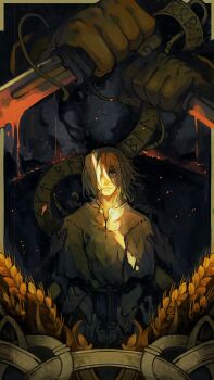 1boy blonde_hair brown_eyes dual_wielding holding knife limited_palette looking_at_viewer male_focus messy_hair natsumika norse old_norse_text runes short_hair solo_focus sunlight thorfinn vinland_saga wheat