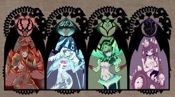 1girl 4girls abs absurdres armor black_heart_of_mantorok bloodshot_eyes blue_background blue_eyes blue_sclera blue_skin bone breasts brown_background chattur'gha claw_of_chattur'gha claws clothing_cutout colored_sclera colored_skin completely_nude crossover energy energy_ball eternal_darkness:_sanity's_requiem extra_eyes extra_mouth floating gem glowing glowing_claws glowing_eyes glowing_object glowing_pincers glowing_veins green_background green_eyes green_hair heart_(organ) heart_(symbol) highres horizontal_pupils horns jellyfish levitation long_hair looking_at_viewer mantorok medium_breasts mermaid midriff monster_girl multicolored_background multiple_girls navel nintendo no_pupils nude open_mouth organs personification pincers purple_background purple_eyes purple_hair purple_sclera red_background red_eyes red_hair red_sclera revealing_clothes ribs see-through_body see-through_clothes sharp_teeth sideboob sigil_of_xel'lotath silicon_knights simple_background skull slime_(creature) slime_girl slit_pupils small_breasts smile spine stomach_cutout sucker_for_love tail teeth tentacles tn_scallion topless_female translucent ulyaoth underboob veil_of_ulyaoth veins very_long_hair white_hair worm xel'lotath yellow_eyes