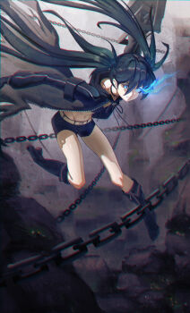 1girl absurdres aqby69 arm_cannon belt bikini black_coat black_hair black_rock_shooter black_rock_shooter_(character) black_shorts blue_eyes boots chain coat flaming_eye front-tie_bikini_top front-tie_top glowing glowing_eye highres long_hair open_clothes open_coat pale_skin rock_cannon scar shorts swimsuit twintails uneven_twintails weapon