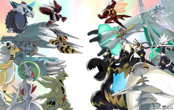 ampharos beedrill buzzwole celesteela chikidney gardevoir gen_1_pokemon gen_2_pokemon gen_3_pokemon gen_7_pokemon glalie guzzlord kartana mega_ampharos mega_beedrill mega_evolution mega_gardevoir mega_glalie mega_metagross mega_pokemon mega_scizor mega_tyranitar metagross nihilego nintendo pheromosa pokemon pokemon_(creature) pokemon_battle pokemon_sm pokemon_xy rainbow_background scizor tyranitar ultra_beast xurkitree