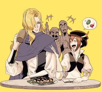 +++ 1girl 3boys androgynous beret black_hat blonde_hair blue_eyes blush brown_hair commentary_request cup food hat hat_feather holding holding_cup leon_bastralle long_hair mug multiple_boys octopath_traveler octopath_traveler_i regan_(hatsumi) simple_background sitting smile spoken_object spoken_sparkle table teeth tressa_(octopath_traveler) tressa_colzione upper_teeth_only wavy_hair yellow_background