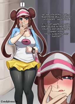 ! 1girl black_pantyhose breasts cleavage condylonucla female_focus heart heart-shaped_pupils licking_lips nintendo pantyhose pantyhose_under_shorts pokemon pokemon_bw2 poketch rosa_(pokemon) shorts solo symbol-shaped_pupils tagme tongue tongue_out twintails visor_cap watch wristwatch yellow_shorts