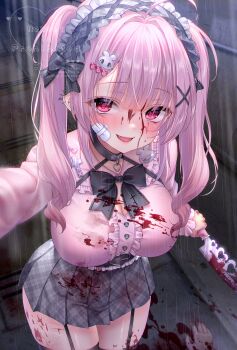 1girl absurdres ahoge bandage_on_cheek belt black_belt black_bow black_bowtie black_collar black_garter_straps black_ribbon black_thighhighs blood blood_on_clothes blood_on_face bloody_knife bow bowtie breasts center_frills collar cross fang frilled_hairband frills garter_straps grey_hairband grey_skirt hair_ornament hairband highres holding holding_knife jirai_kei knife large_breasts long_hair open_mouth original pink_bow pink_eyes pink_hair pink_shirt pleated_skirt rain ribbon shirt skirt solo thighhighs twintails watermark yandere yuyuko_(yuyucocco)