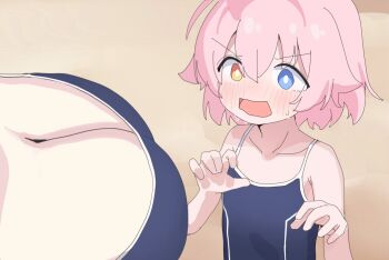 2girls abydos_high_school_swimsuit arsyky14 bare_arms blue_archive blue_eyes blue_one-piece_swimsuit blush breast_awe breasts bright_pupils cleavage hair_between_eyes hands_up heterochromia highres hoshino_(blue_archive) hoshino_(first_year)_(blue_archive) large_breasts multiple_girls one-piece_swimsuit open_mouth parody pink_hair scene_reference short_hair solo_focus swimsuit white_pupils yellow_eyes