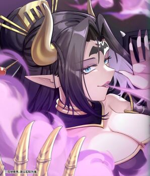 Rule 34 | 1girl, attack, bandai, breasts, claws, cleavage, copyright name, demon girl, digimon, digimon (creature), digimon card game, hair ornament, lilithmon, lips, lipstick, long hair, looking at viewer, makeup, mark of evil, nail polish, official art, pointy ears, shiny skin, smile, upper body, wings