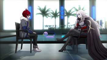 1boy 1girl 3d_background absurdres armor black_bodysuit black_cape black_gloves blue_streaks bodysuit cape chain chained chained_legs chair facial_mark game_cg gloves grin heterochromia highres hood hoodie komatsuzaki_rui long_hair looking_at_another multicolored_bodysuit multicolored_hair non-web_source on_chair purple_eyes red_bodysuit red_eyes red_hair shoulder_armor sitting smile spoilers streaked_hair sumino_takumi the_hundred_line_-last_defense_academy- two-tone_bodysuit v&#039;ehxness white_hair