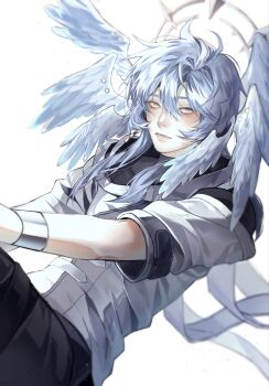 1boy blue_hair blush commentary_request earrings feathered_wings gold_earrings hair_between_eyes halo halo_behind_head head_wings highres honkai:_star_rail honkai_(series) jewelry jxnhanj korean_commentary male_focus piercing simple_background solo spiked_halo sunday_(honkai:_star_rail) white_background wing_piercing wings