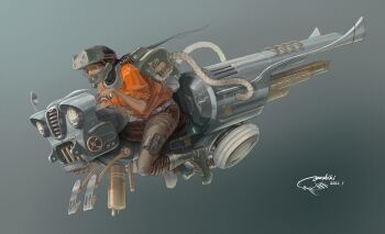 1girl black_hair boots brown_pants covered_mouth dated gaimoon gradient_background grey_background grey_boots highres machine mask mouth_mask original pants riding signature solo