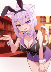 Rule 34 | 1girl, ahoge, animal ear fluff, animal ears, bent over, black bow, blush, bow, braid, breasts, bunny garden, cat ears, cat girl, cat tail, cleavage, commentary request, cup, drinking glass, earrings, fake animal ears, hair between eyes, hair bow, highres, hololive, jewelry, large breasts, long hair, looking at viewer, looking back, nekomata okayu, open mouth, parijennu222, purple eyes, purple skirt, rabbit ears, sidelocks, skirt, smile, solo, tail, virtual youtuber, wrist cuffs