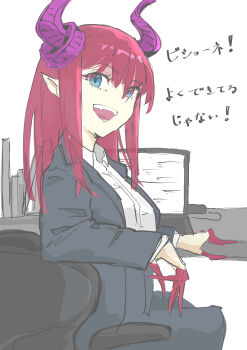 1girl absurdres black_jacket blue_eyes breasts chair computer curled_horns desk dragon_girl dragon_horns elizabeth_bathory_(fate) fate/grand_order fate_(series) hair_ribbon highres horns jacket laptop long_hair long_sleeves looking_at_viewer office_lady open_mouth pink_hair pointy_ears ribbon small_breasts smile solo swivel_chair translation_request two_side_up zakio