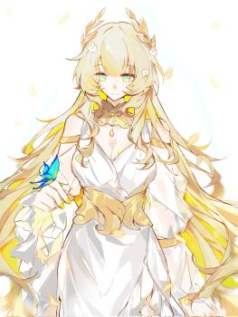 1girl aglaea_(honkai:_star_rail) alternate_hair_length alternate_hairstyle bare_shoulders blonde_hair breast_tattoo breasts bug butterfly butterfly_on_hand cleavage closed_mouth cowboy_shot dress flower green_eyes hair_flower hair_ornament hashtag-only_commentary highres honkai:_star_rail honkai_(series) insect large_breasts long_hair multicolored_hair nail_polish nekofeiyuuuu simple_background smile solo streaked_hair tattoo very_long_hair white_background white_dress yellow_nails