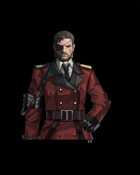 Rule 34 | 1boy, armband, belt, belt buckle, billbill123, black armband, black background, black necktie, brown hair, buckle, buttons, collared shirt, commander (girls' frontline), double-breasted, eyepatch, facial hair, girls' frontline, griffin &amp; kryuger logo, griffin &amp; kryuger military uniform, hand on own hip, horns, looking at viewer, metal gear (series), metal gear solid v: the phantom pain, military uniform, multiple scars, necktie, scar, scar on face, shirt, simple background, single horn, solo, venom snake
