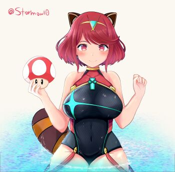 1girl absurdres animal_ears artist_name bare_arms bare_shoulders black_one-piece_swimsuit blush bob_cut breasts chest_jewel closed_mouth commentary core_crystal_(xenoblade) covered_navel cowboy_shot crossover english_commentary gem green_gemstone highres kemonomimi_mode large_breasts looking_at_viewer mario_(series) nintendo one-piece_swimsuit pyra_(pro_swimmer)_(xenoblade) pyra_(xenoblade) raccoon_ears raccoon_girl raccoon_tail red_eyes red_hair red_one-piece_swimsuit short_hair smile solo stormowl0 super_mushroom suspenders_hanging swept_bangs swimsuit tail tiara twitter_username two-tone_one-piece_swimsuit w_arms wading water wet xenoblade_chronicles_(series) xenoblade_chronicles_2