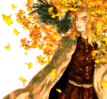 Rule 34 | 1boy, animal, animal on shoulder, bird, bird on shoulder, blonde hair, branch, buttons, commentary request, demon slayer uniform, falling leaves, forked eyebrows, ginkgo tree, highres, kimetsu no yaiba, leaf, long hair, looking at viewer, male focus, open mouth, orange eyes, rengoku kyoujurou, solo, tokoame