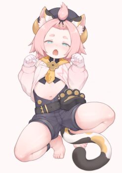 1girl absurdres animal_ear_fluff animal_ears bangs_pinned_back barefoot belt belt_buckle belt_pouch beret black_belt black_hat black_shorts blush breast_pocket buckle cat_ears cat_girl cat_tail clenched_hands clover_print commentary commission detached_sleeves diona_(genshin_impact) english_commentary fang female_focus full_body genshin_impact gloves green_eyes half-closed_eyes hands_up hat head_tilt heart heart-shaped_pupils highres looking_at_viewer navel open_mouth paw_pose paw_print_palms peachyp pink_hair pocket pouch puffy_detached_sleeves puffy_sleeves shirt short_hair shorts sidelocks simple_background skin_fang sleeveless sleeveless_shirt solo spread_legs symbol-shaped_pupils tail thick_eyebrows thighs white_background white_gloves white_shirt