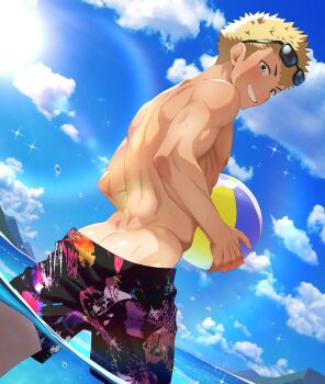 1boy amainu back ball beachball blonde_hair cloud cloudy_sky highres male_focus male_swimwear outdoors partially_submerged persona persona_5 sakamoto_ryuuji short_hair sky smile solo sunglasses_on_head swim_trunks swimsuit tan tanline topless_male