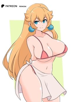 1girl arms_behind_back bikini blonde_hair blue_eyes breasts cleavage collarbone earrings jewelry large_breasts long_hair looking_at_viewer mario_(series) micro_bikini momocka-art navel nintendo pearl_earrings pink_bikini princess_peach sarong smile standing swimsuit thick_thighs thighs underboob white_background white_sarong