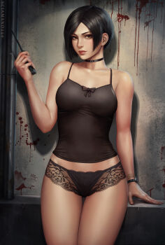 1girl absurdres ada_wong bare_shoulders black_hair blush breasts brown_eyes choker female_focus gloves gun highres lingerie looking_at_viewer medium_breasts panties resident_evil resident_evil_2 resident_evil_2_(remake) revision sciamano240 short_hair simple_background solo standing tank_top underwear weapon