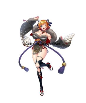 1girl alternate_costume blonde_hair blush_stickers breasts choker cleavage curvy dress fingernails happy highres igawa_sakura jumping kagami_hirotaka large_breasts lilith-soft looking_at_viewer official_alternate_costume open_mouth revealing_clothes shiny_skin short_dress short_hair simple_background smile solo taimanin_(series) taimanin_asagi taimanin_rpgx white_background wide_hips