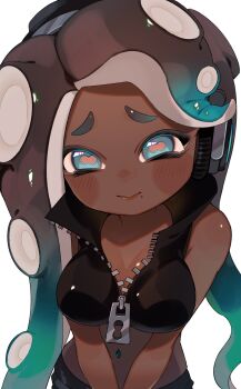 1girl aqua_eyes aqua_hair black_hair black_vest breasts cephalopod_eyes closed_mouth cropped_vest dark-skinned_female dark_skin gradient_hair headphones highres large_breasts long_hair looking_at_viewer marina_(off_the_hook_outfit)_(splatoon) marina_(splatoon) multicolored_hair navel_piercing nintendo octoling piercing red_pupils sabata_saba smile solo splatoon_(series) standing tentacle_hair two-tone_hair very_dark_skin vest zipper