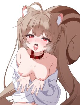 1girl absurdres ahoge animal_collar animal_ears areola_slip bandaid bandaids_on_nipples breasts brown_hair buckle character_request collar commentary_request copyright_request crossed_bandaids cum cum_in_mouth cum_on_chest cum_on_tongue double-parted_bangs hands_up highres korean_commentary large_breasts large_variant_set long_hair long_sleeves looking_at_viewer nya_po open_hands open_mouth pasties pov red_collar red_eyes shirt shirt_partially_removed simple_background solo squirrel_ears squirrel_girl squirrel_tail sweat tail tongue tongue_out twintails variant_set very_long_hair virtual_youtuber white_background white_shirt