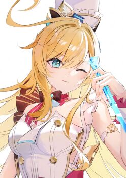 1girl :d aqua_eyes blonde_hair bow bowtie brown_bow brown_bowtie chef_hat dress escoffier_(genshin_impact) genshin_impact hat highres long_hair namimenou one_eye_closed open_mouth smile solo tongue tongue_out white_dress white_hat