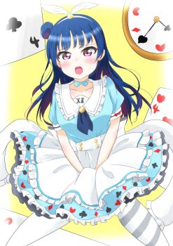1girl apron aqua_bow aqua_choker aqua_dress aqua_skirt artist_name artist_request back_bow black_neckerchief black_skirt blue_hair blush bow breasts card card_(medium) choker clock collarbone dress female_focus floating floating_object frilled_thigh_strap grey_legwear hair_bun hairband heart heart_print highres holding holding_unworn_clothes long_hair looking_at_viewer love_live! love_live!_school_idol_festival love_live!_sunshine!! medium_breasts miniskirt neckerchief parted_lips pink_eyes plaid_clothes plaid_dress plaid_skirt pleated pleated_dress pleated_skirt pocket_watch puffy_short_sleeves puffy_sleeves purple_eyes red_bow roman_numeral short_sleeves side_bun single_hair_bun skirt smile solo spade_print striped_legwear thigh_strap tsushima_yoshiko watch white_apron white_bow white_hairband white_legwear white_skirt white_wrist_cuffs worried wrist_bow wrist_cuffs yellow_background